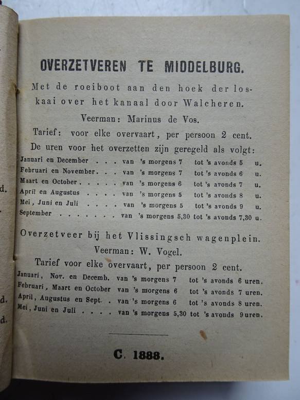 No author. - Middelburgsche almanak, naar den nieuwen stijl, voor het schrikkel-jaar onzes Heeren Jesu Christi 1888. Voorzien met alle de Zeeuwsche jaar- paarden- beesten en leermarkten, alsmede het op- en ondergaan van de zon en maan.
