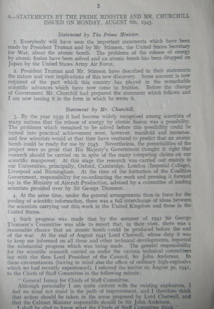 Treasury, H.M. - Statements relating tot the atomic bomb