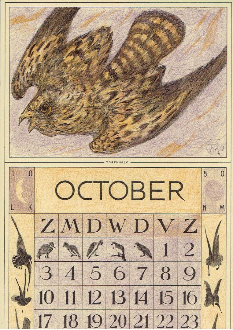 HOYTEMA, Theo van [HOIJTEMA] - Kalenderblad T. v. Hoytema - Torenvalk - october- kalenderjaar 1914.