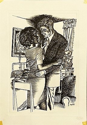 DOEVE, Eppo - Originele tekening waarop een man en een vrouw elkaar omhelzen.