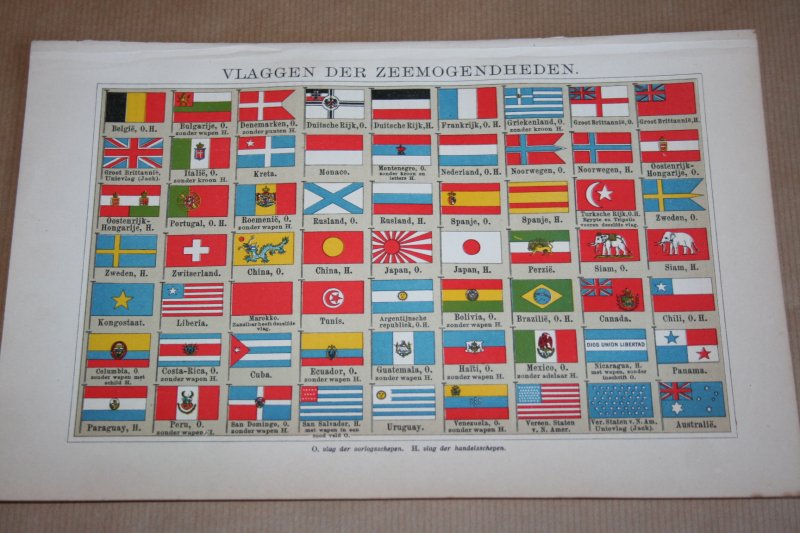  - Antieke kleuren lithografie - Vlaggen van de zeemogendheden - circa 1905