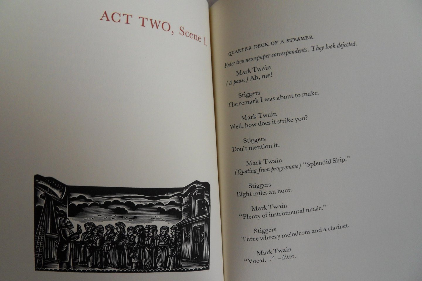 Twain, Mark. [ Signed by the artist John de Pol ]. - The Quaker City. - Holy Land Excursion. - An unfinished Play by Mark Twain, 1867. - With woodengravings by John de Pol. [ Genummerd ex.: 78 / 150 ].