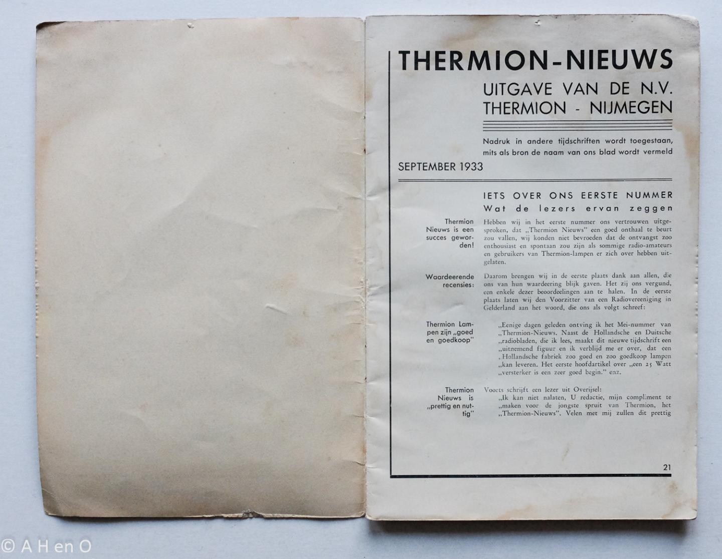 - Jaarbeurs nummer Thermion Nieuws  - September 1933