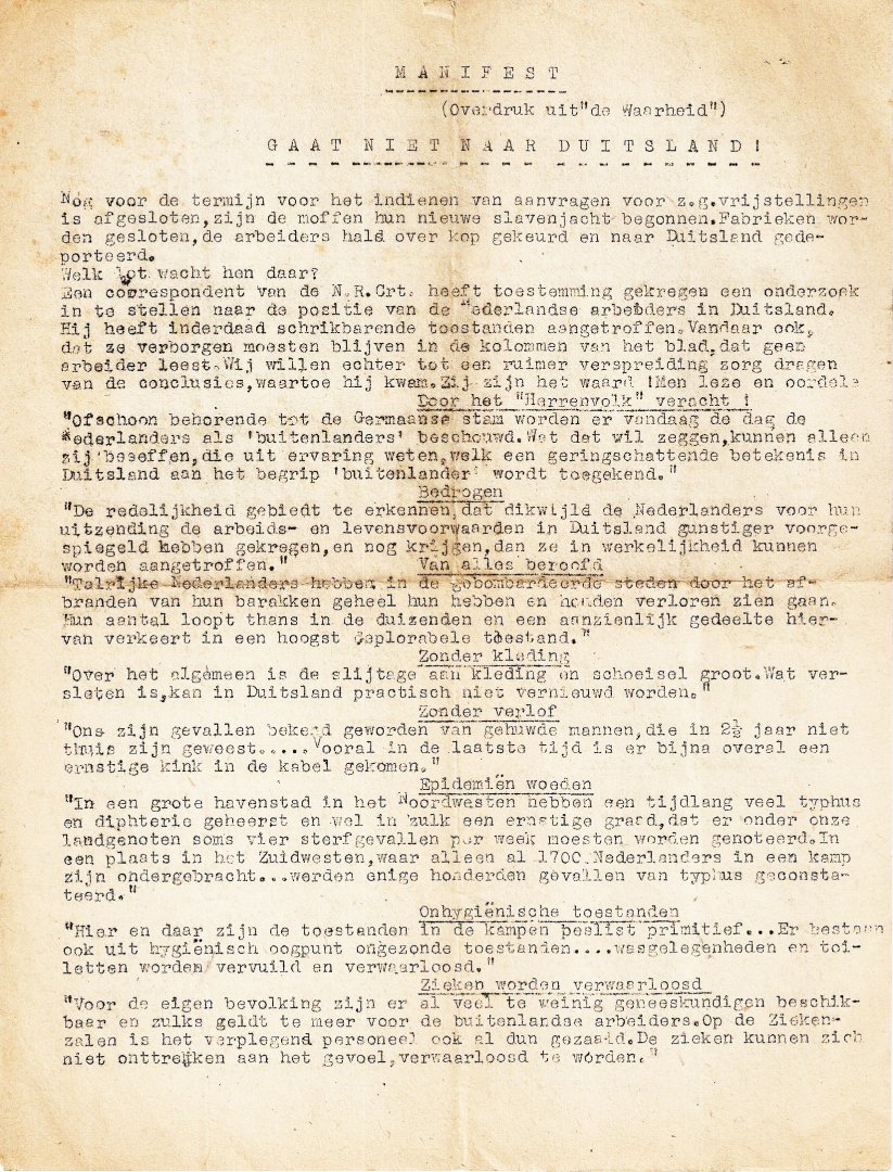 pamflet 2e wereldoorlog - Manifest:  Gaat niet naar Duitsland