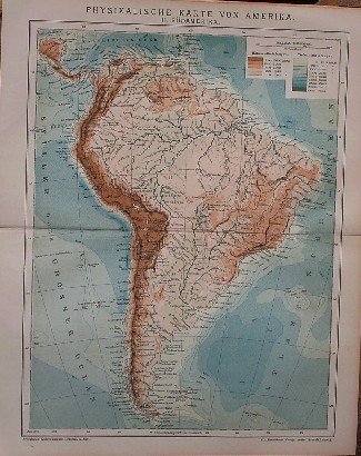 antique map (kaart). - Physikalische Karte von Amerika. II. Sudamerica. (South America).