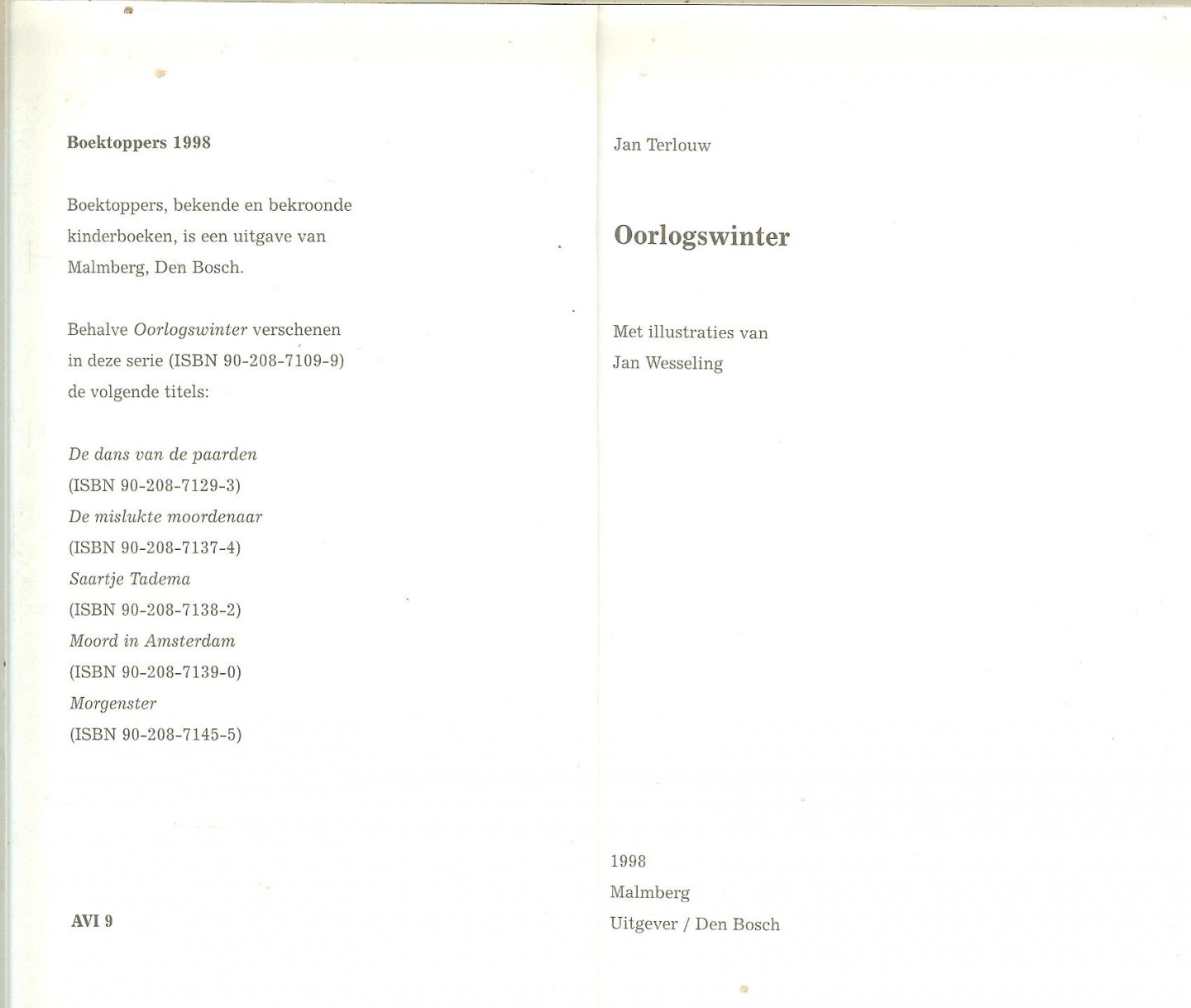 Terlouw, Jan  ..  Met illustraties van Jan Wesseling - Oorlogswinter  .. Bekroond gouden griffel 1973