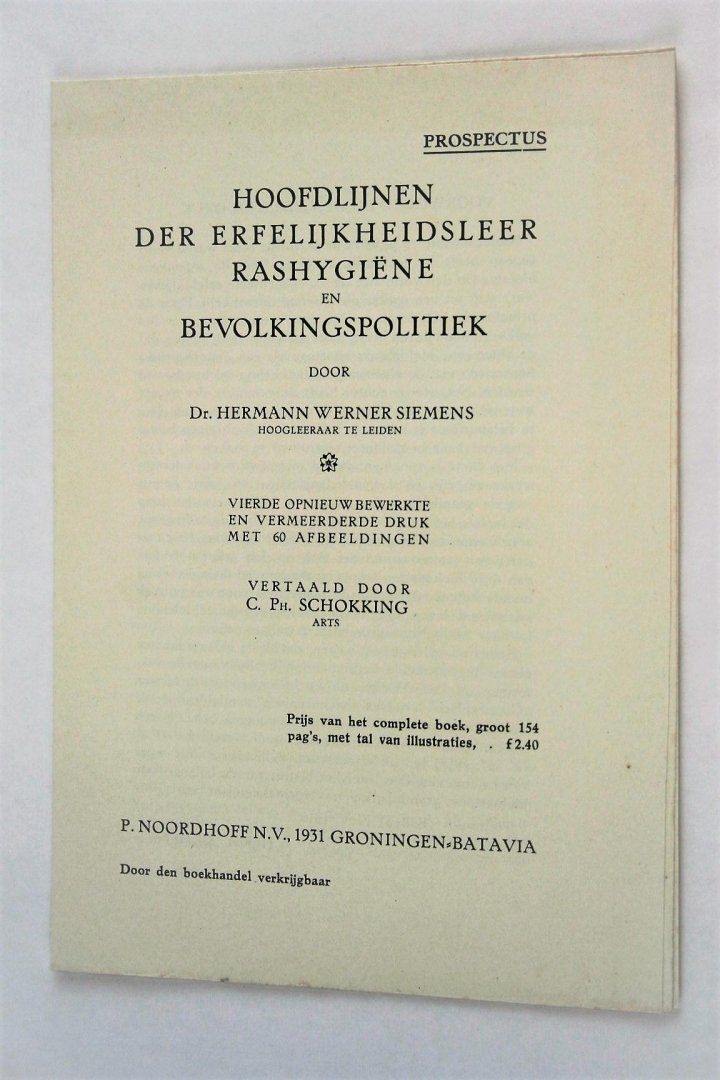 Siemens, Dr Hermann Werner - Prospectus Hoofdlijnen der erfelijkheidsleer rashgiene en bevolkingspolitiek - voorkant (2 foto's)