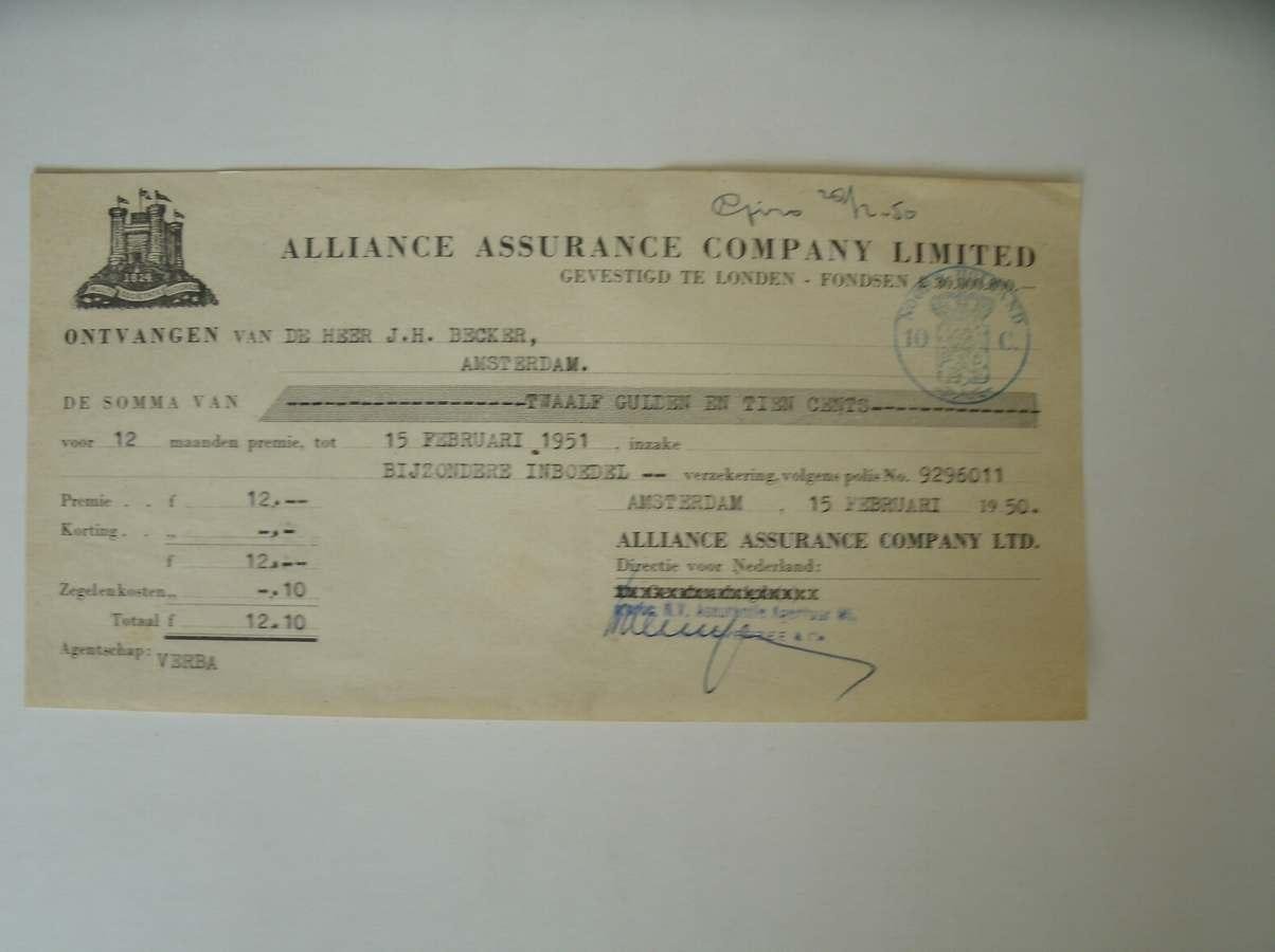 (genealogie) - (Alliance Assurance Company Limited) Ontvangen van de heer  J.H. Becker, Amsterdam. Bijzondere Inboedel.