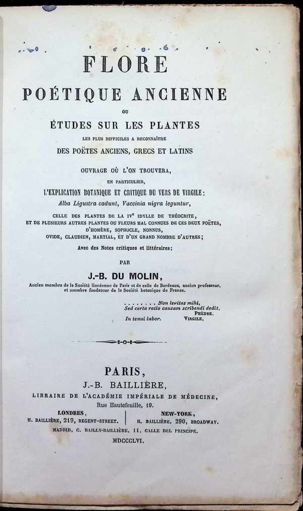 J.-B. Du Molin - Flore  Poétique Ancienne ou études sur les plantes les plus difficules a reconnaître des poëtes anciens, grecs et latins