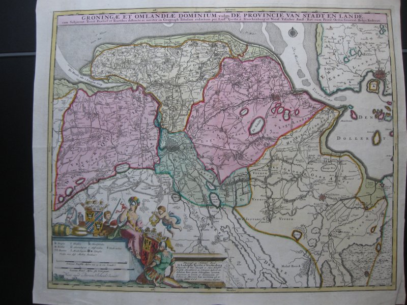 Nicolaes Nicolaas Visscher Petrus Schenk - gravure en ets Antieke oud gekleurde kaart Groningen 1685