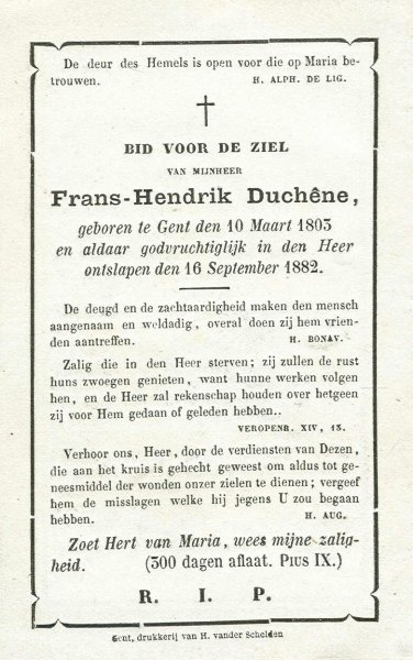 Bidprentje - Bidprentje voor Frans-Hendrik Duchêne, geboren Gent 1803, aldaar overleden 1882.