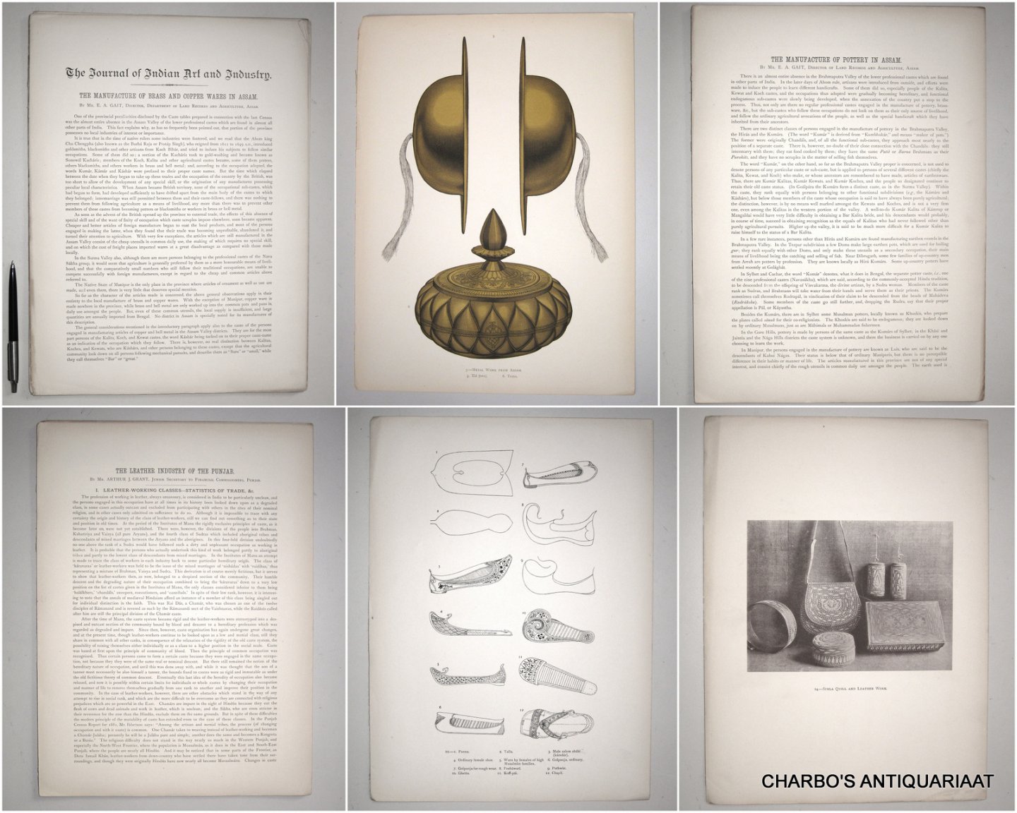 GAIT, E.A., - Manufacture of brass and copper wares in Assam (&) The manufacture of pottery in Assam. (Followed by:) GRANT, ARTHUR J., The leather industry of the Punjab.