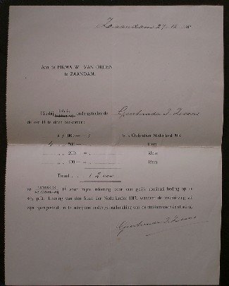 (zaanstreek). - Hierbij heb ik ondergeteekende Geertruida J. Zovons de eer u te doen toekomen (..)  5% obligatien Nederland 1914.