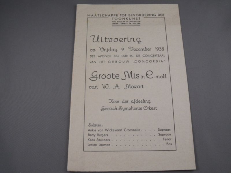 Maatschappij tot bevordering der Toonkunst, afd. Bussum - programmaboekje, Groote mis in C-moll Mozart, 1938