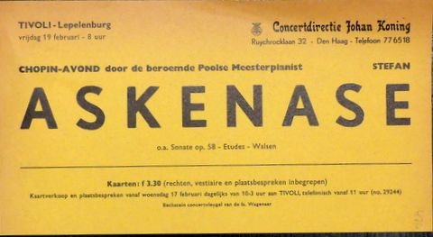 Askenase, Stefan: - [Flyer] Chopin-avond door de bermoemde Poolse pianist Stefan Askenase. Concertdirectie Johan Koning