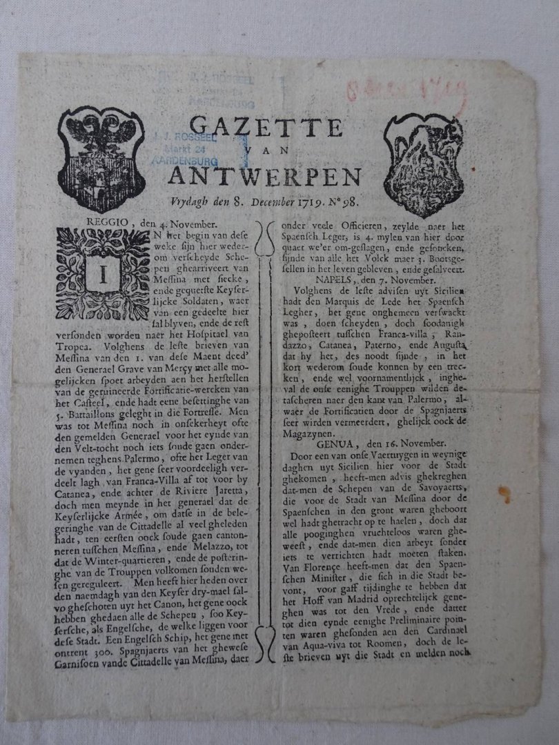 N.n.. - Gazette van Antwerpen. Vrydagh den 8. December 1719. No 98.