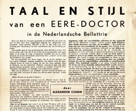 (VRIESLAND, Victor van). COHEN, Alexander - Taal en stijl van een Eere-doctor in de Nederlandsche Bellettrie.