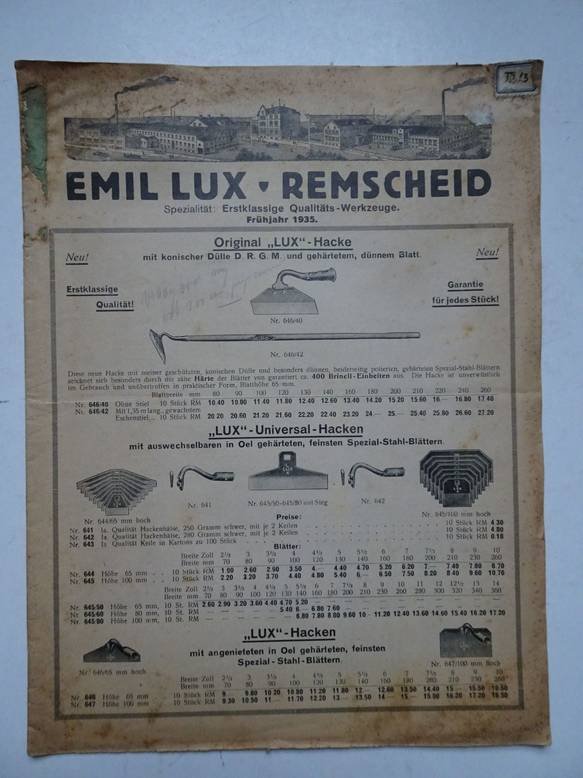 N.n.. - Emil Lux- Remscheid. Erstklassige Qualitäts-Werkzeuge. 1935.