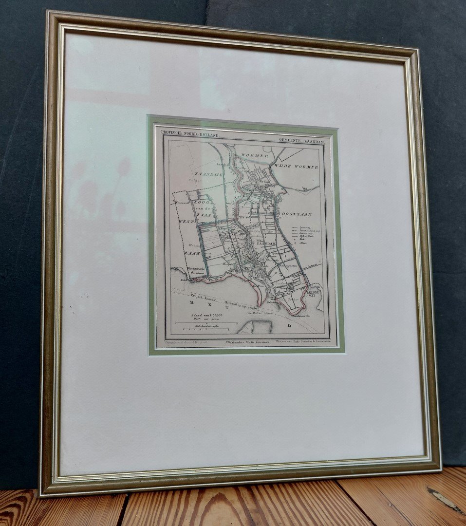 Jacob Kuyper (tekenaar) - originele kaart gemeente Zaandam ingelijst afkomstig uit de De Gemeente-Atlas van Nederland Suringar te Leeuwarden 1865-1869