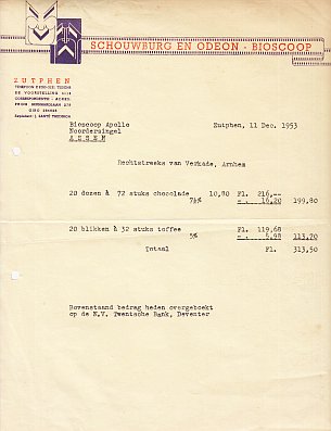 BIOSCOOP ZUTPHEN / ASSEN - Rekening voor Bioscoop Apollo, Assen, voor chocolade en toffees.