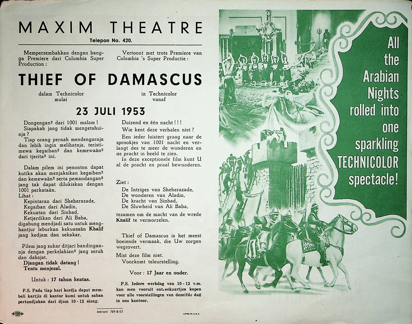Thief of Damascus - [Affiche voor de filmvertoning van de Amerikaanse film "Thief of Damascus" in het Maxim Theatre in Bogor vanaf 23 Juli 1953]