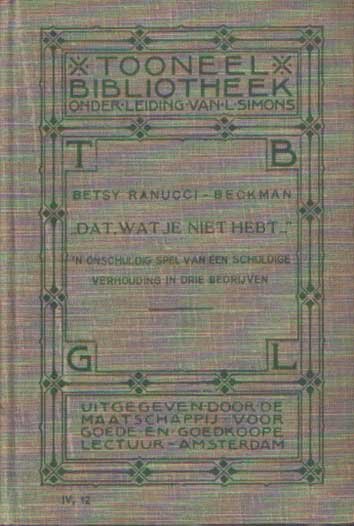 Ranucci-Beckman, Betsy - Dat wat je niet hebt. 's Onschuldig spel van een schuldige verhouding in drie bedrijven