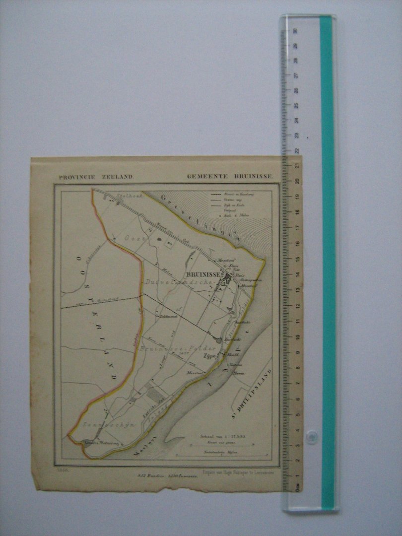  - Oudtijds grensgekleurde lithografie van Gemeente BRUINISSE, Zeeland 1867