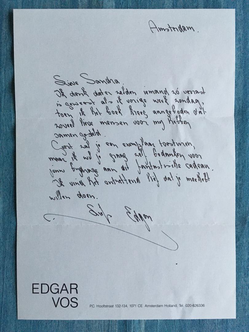 Vos, Edgar (brief) / Eijsbouts, Geert (samenstelling) - Edgar Vos, De Man, de Mode. Incl. handgeschreven brief van Edgar Vos aan Sandra Remer.