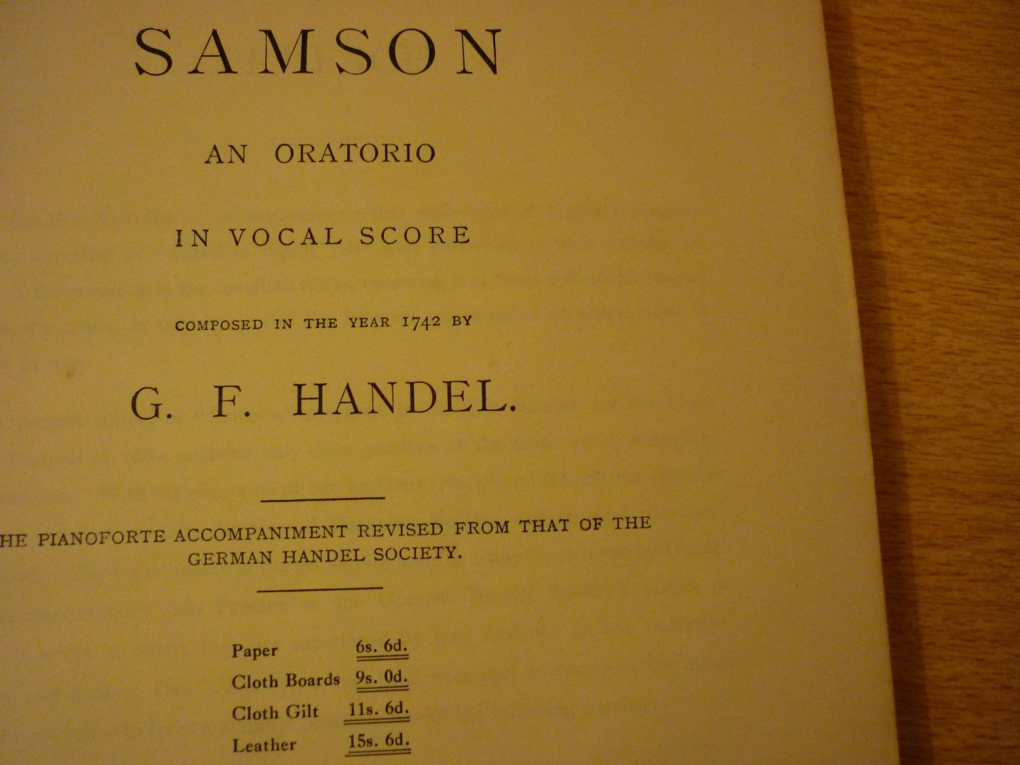 Handel; Georg Friedrich (1685-1759) - SAMSON - An Oratorio in vocal score; for Soprano, Alto, Tenor & Bass Soli - SATB & Orchestra - The Piano Accompaniment Revised from that of the German Handel Society - 8048