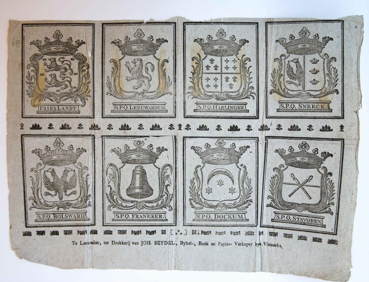  - Centsprent: Coats of arms of Friesland and Frisian cities.