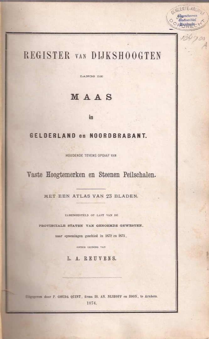 Reuvens, L.A. - Register van Dijkshoogten langs de Maas in Gelderland en Noordbrabant, houdende tevens opgaaf van Vaste Hoogtemerken en Steenen Peilschalen. Zamengesteld op last van de provinciale staten van genoemde gewesten naar opnemingen geschied in 1872 en 187