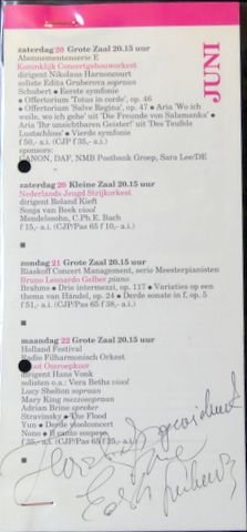 Gruberova, Edith: - [Flyer] Koninklijk Concertgebouw. Abonnementenserie E. Zaterdag 20 juni Grote Zaal. Dirigent Nikolaus Harnoncourt. Soliste: Edith Gruberova