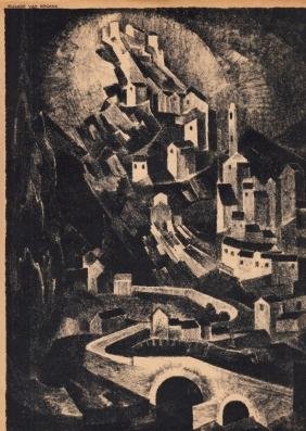 SCHUHMACHER, Wim - Stad op het eiland Corsica. Originele lithografie in zwartwit, als bijlage in het jeugdtijdschrift Opgang (1923).