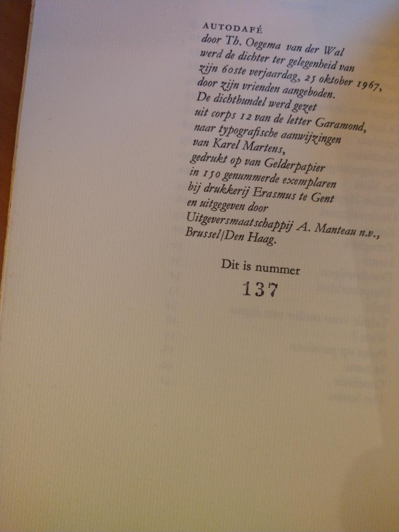 Oegema van der Wal, Th. - Autodafe. Gedichten 1955-1966