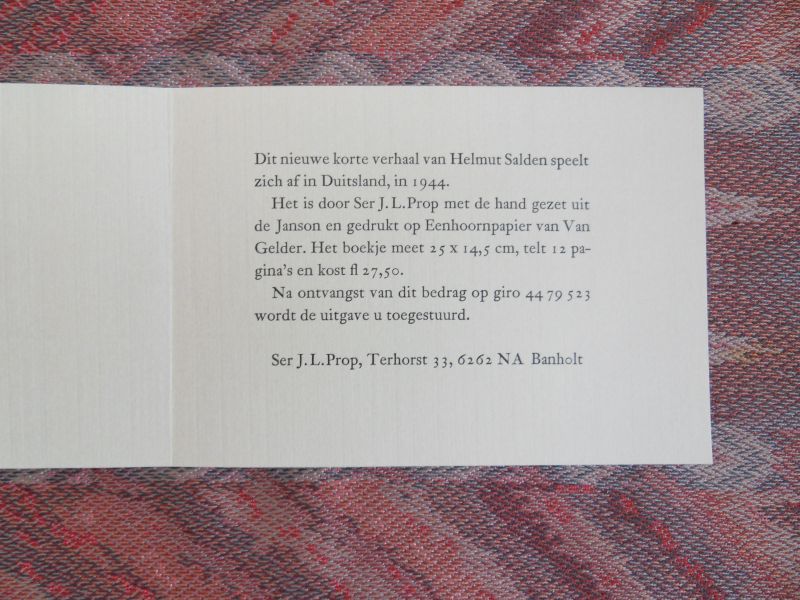 Salden, Helmut. - De Plasser.  [Genummerd ex. 5 / 100 ].