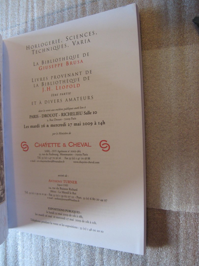 Chayette & Cheval - Cataloque des ventes de la Bibliotheque de Guiseppe Brusa et de la Bibliotheque de J.H. Leopold / Livres sur Horlogerie, Sciences, Techniques, Varia