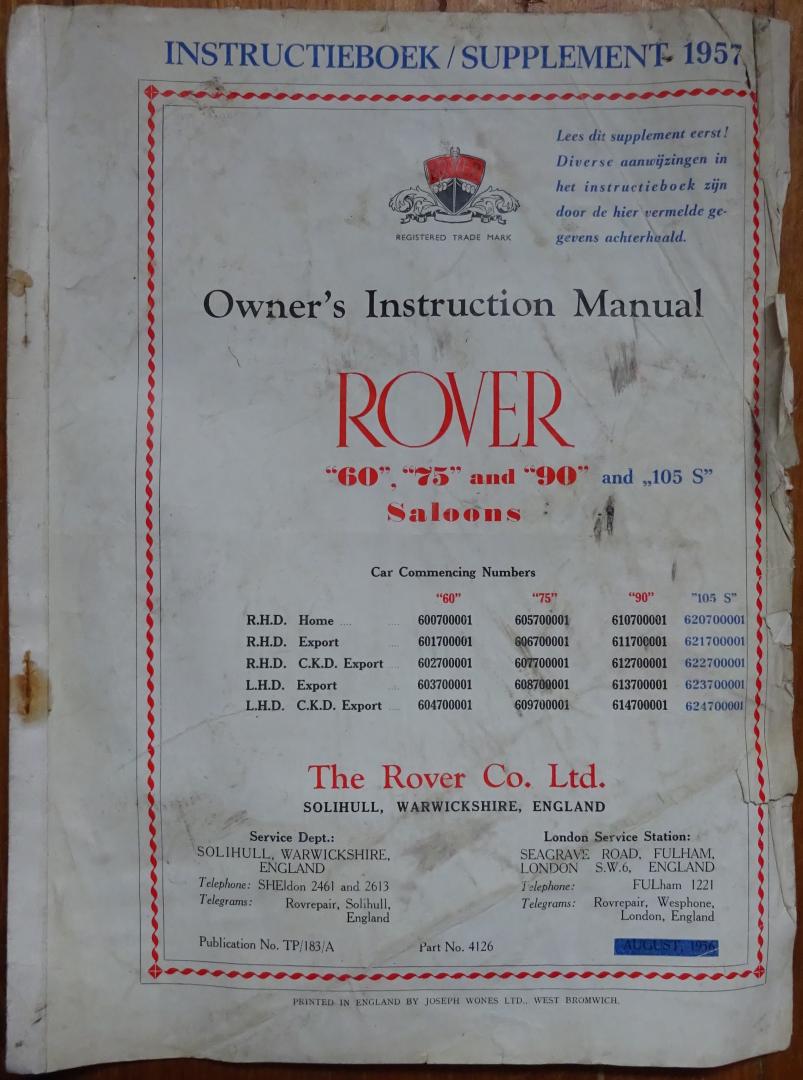 Redactie - Owner's Instruction Manual. Rover '60', '75', '90' and '105S'
