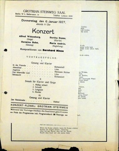 Grotrian-Steinweg Saal: - [Programmzettel] Donnerstag, den 6. Januar 1927 abends 8 Uhr. Konzert... Kompositionen von Bernhard Hinze
