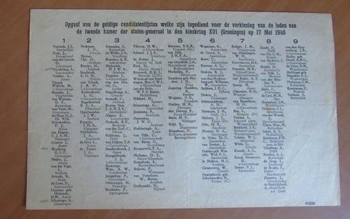 niet vermeld - Opgaaf van de geldige candidatenlijsten welke zijn ingediend voor de verkiezing van de leden van de tweede kamer der staten-generaal in den kieskring XVI (Groningen) op 17 mei 1946