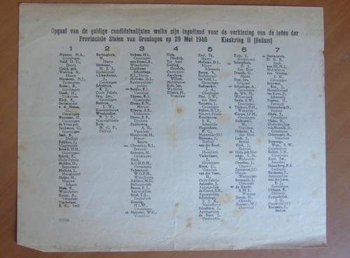 niet vermeld - Opgaaf van de geldige candidatenlijsten welke zijn ingediend voor de verkiezing van de leden der Provinciale Staten van Groningen op 29 mei 1946. Kieskring II (Bedum)