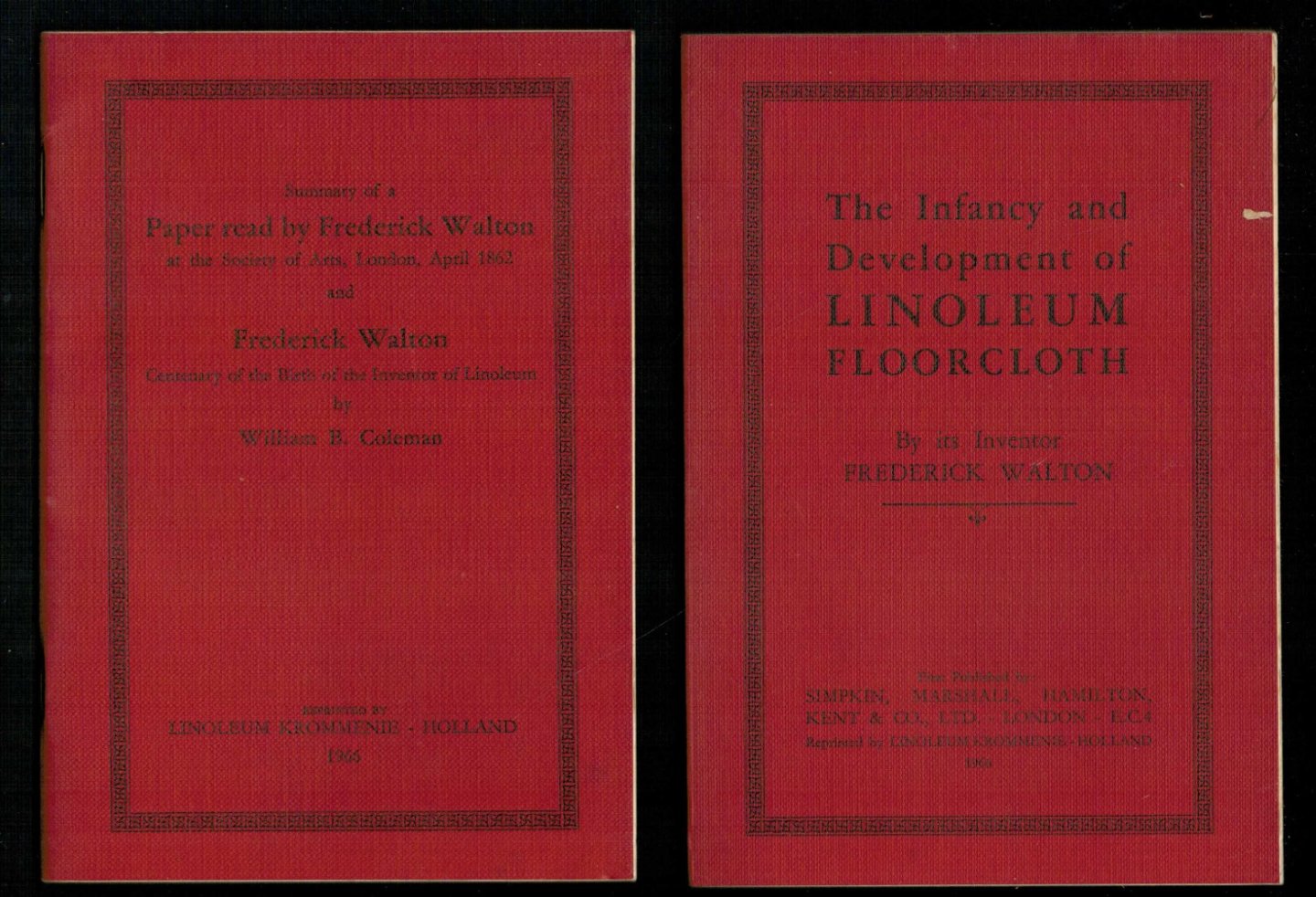 Linoleum Krommenie - Paper read by Frederick Walton at the Society of Arts, London, April 1862 The infancy of linoleum floorcloth by its inventor Frederick Walton;
