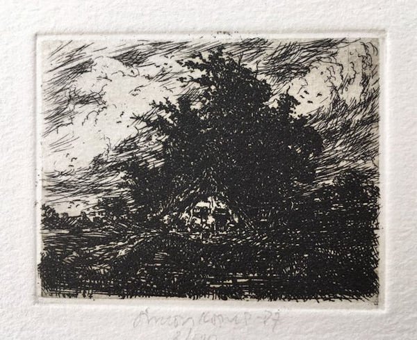 Koene, Simon. - Huisje met bomengroep bij stormachtig weer.