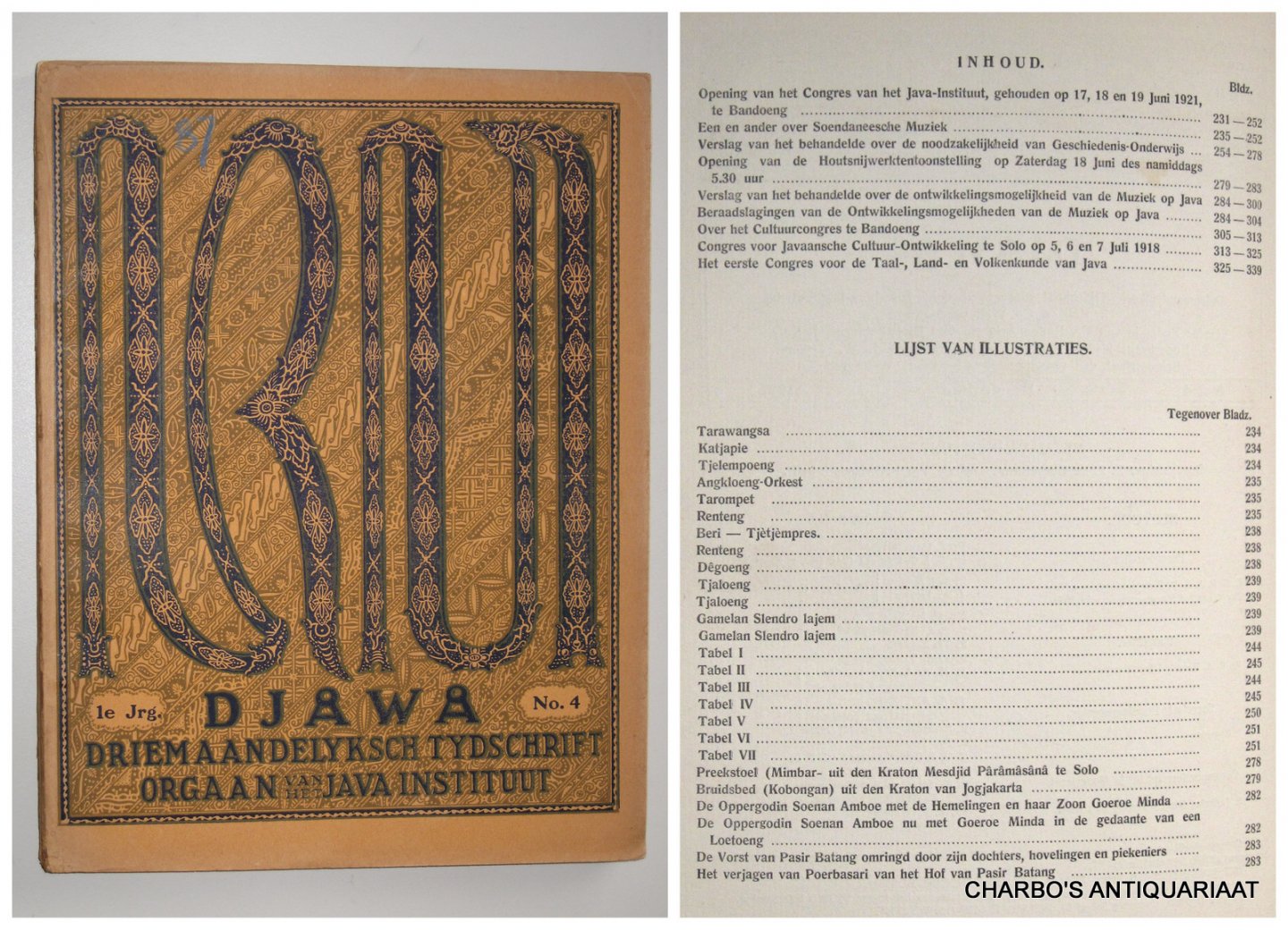 DJAJADININGRAT, RADEN AR IO HOESEIN (et al, eds.), - Djawa. Driemaandelijksch tijdschrift uitgegeven door het Java-Instituut. (1e jaargang), No. 4, December 1921.