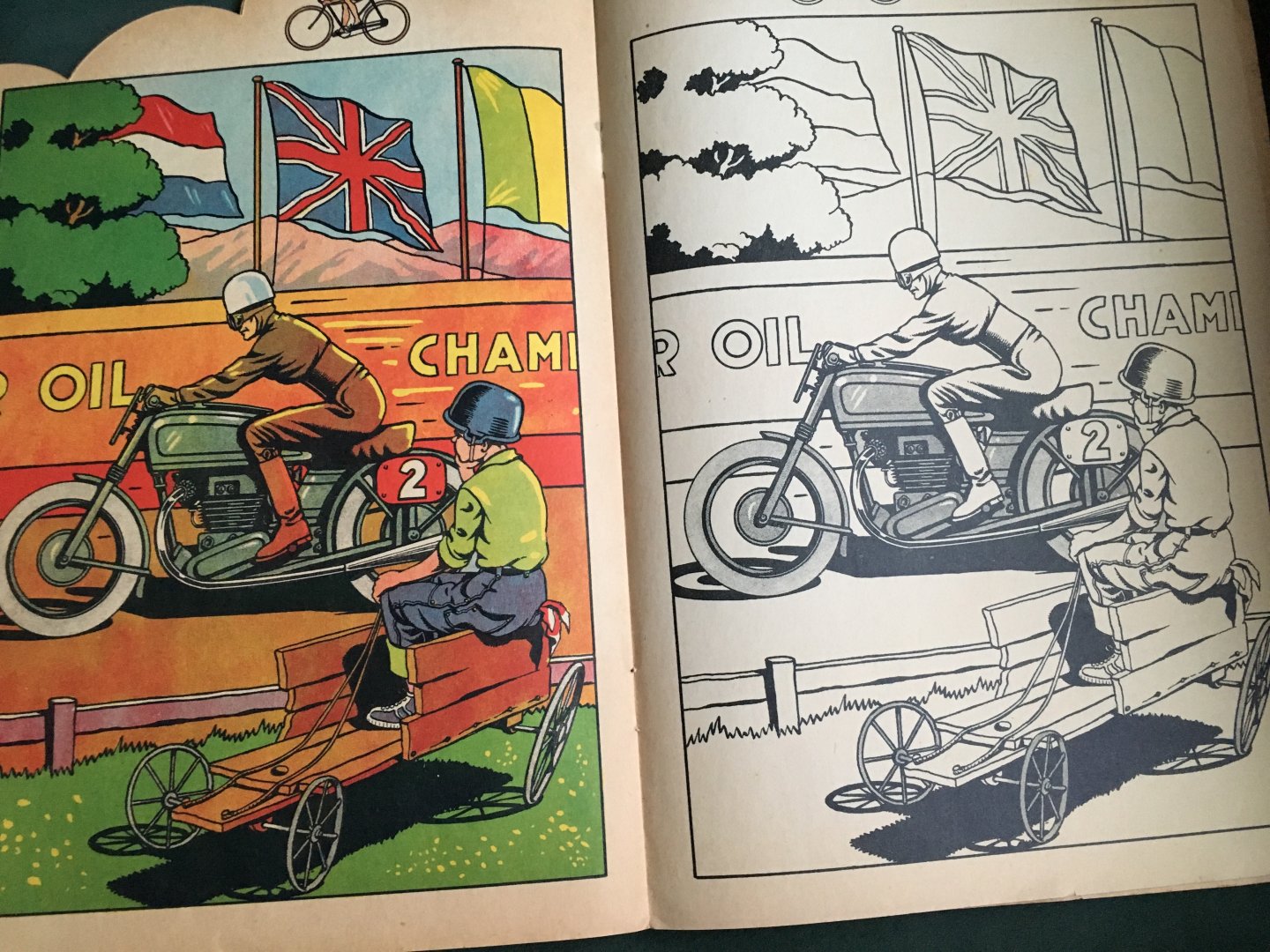  - colouring book with 6 full page illustrations in colour of a bicycle, horse wagon, scooter, motorbike, helicopter, airplane.