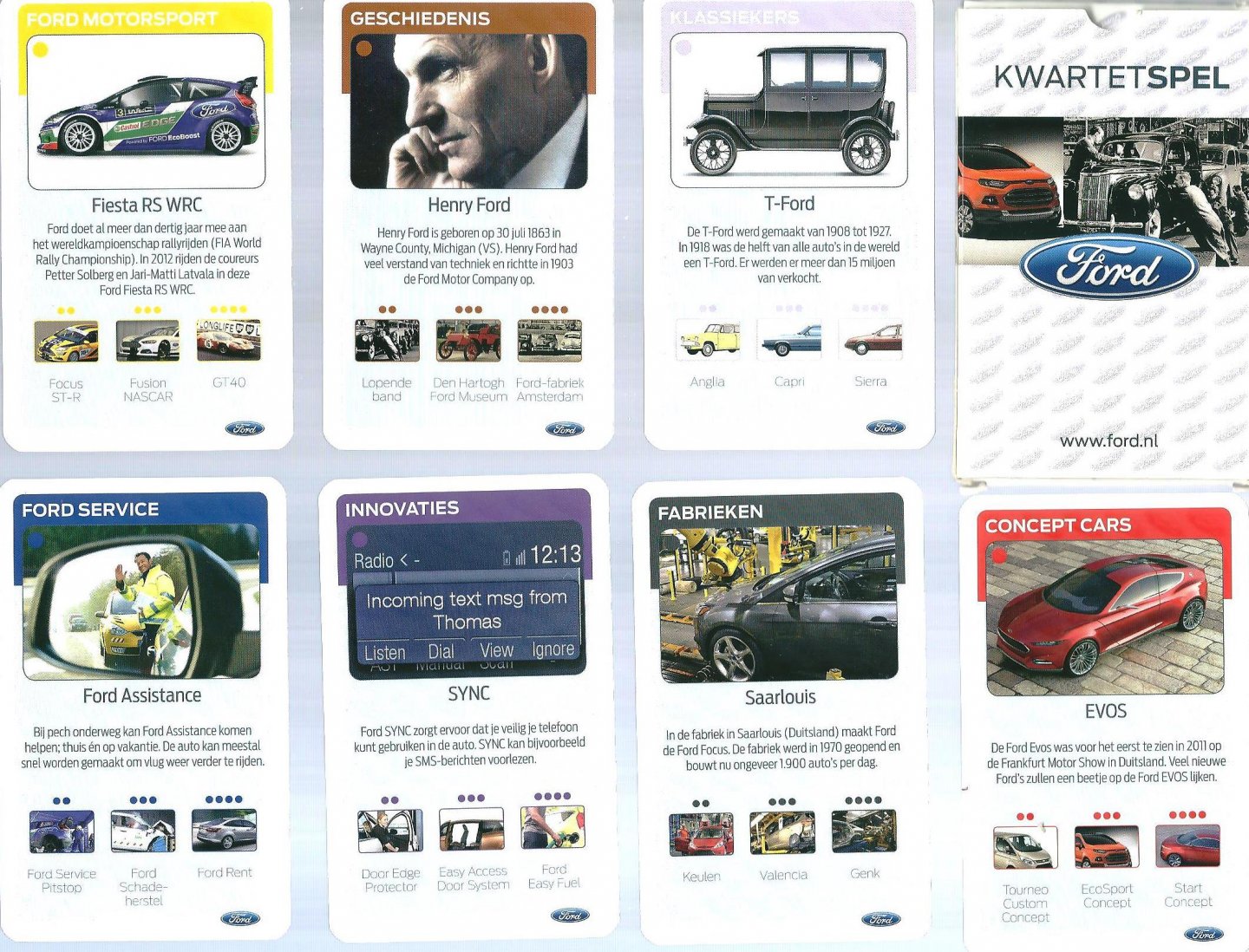 Ford - Kwartetspel Ford. Kwartetspel met 52 kaarten met afbeeldingen + spelregels betreffende Ford automobielen in 13 verschillende categorieën