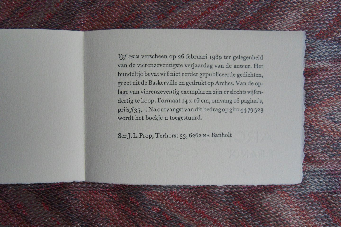 Eybers, Elisabeth. - Vyf Verse. [ Genummerde oplage 16 / 44 ex. ].