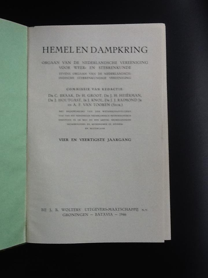 Braak, Drs. C. (red.) e.v.a. - Hemel en dampkring. Orgaan van de Nederlandse vereniging voor weer- en sterrenkunde 1946