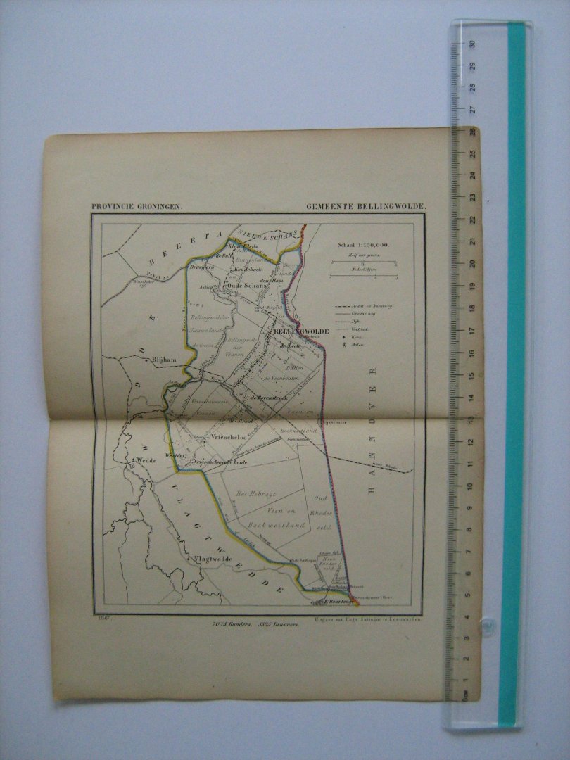  - Oudtijds grensgekleurde lithografie van Gemeente BELLINGWOLDE, Groningen 1867