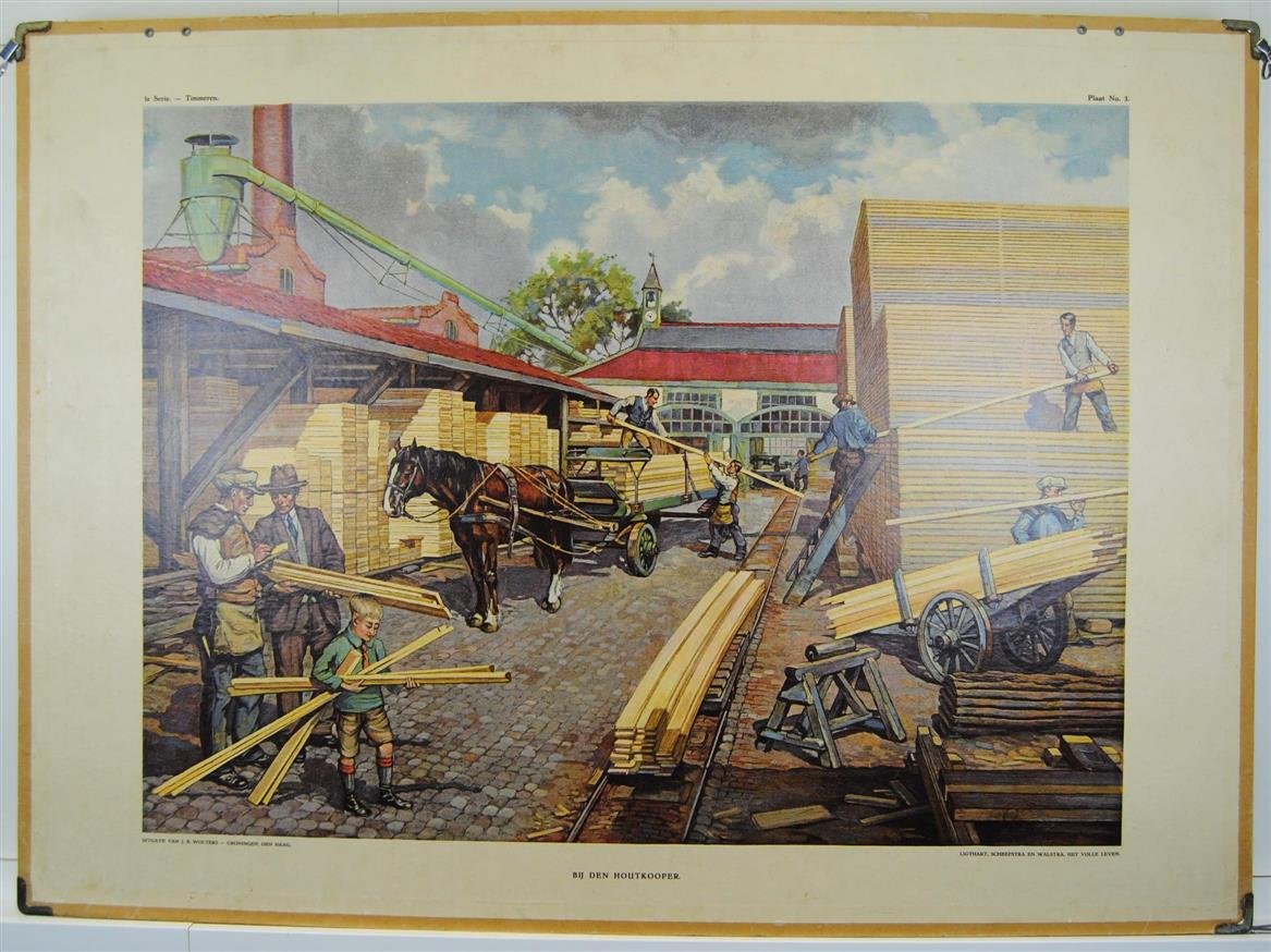 Jan Lighthart, H. Scheepstra en W. Walstra. Het Volle Leven ( A.M. Guthschmidt ) - (SCHOOLPLAAT - SCHOOL POSTER / MAP - LEHRTAFEL) Bij den Houtkooper ( at the timber-merchant )