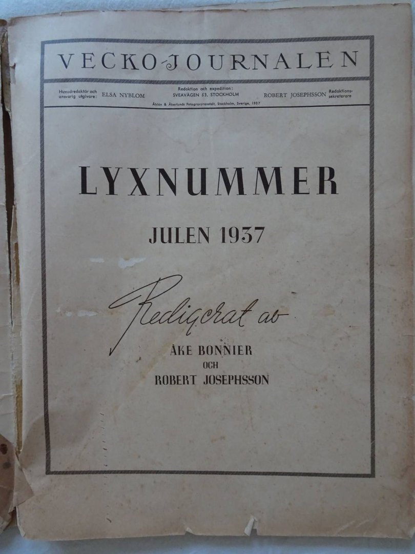 Bonnier, Ake & Robert Josephsson (ed.). - Vecko-Journalen. Lyxnummer, Julen 1937.